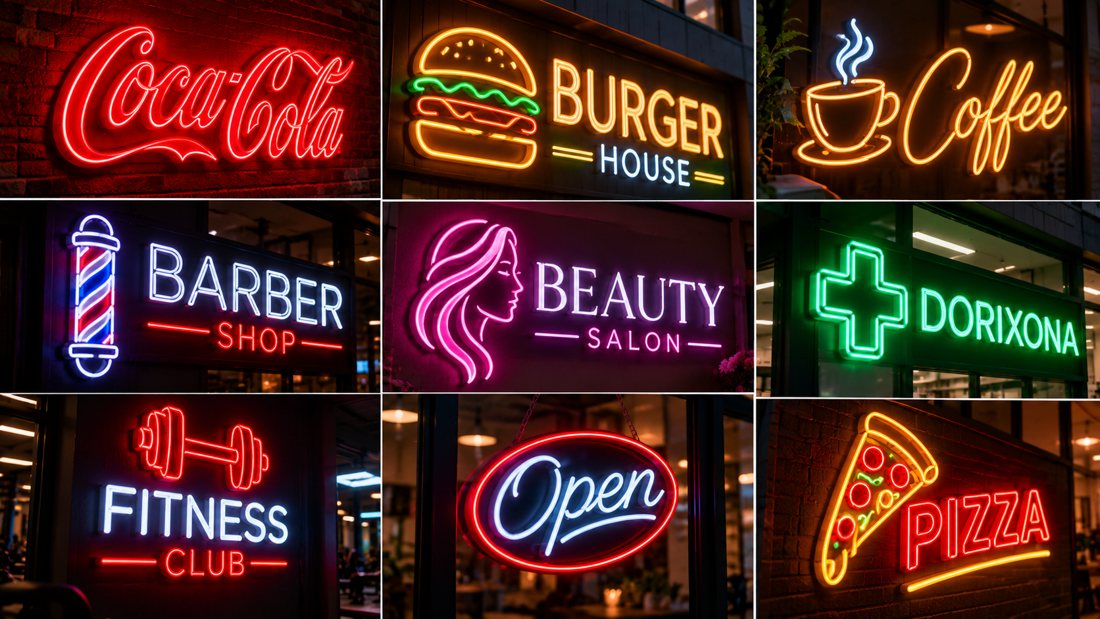 Neon yozuvlar: kafe, barbershop, salon, dorixona va fitnes uchun