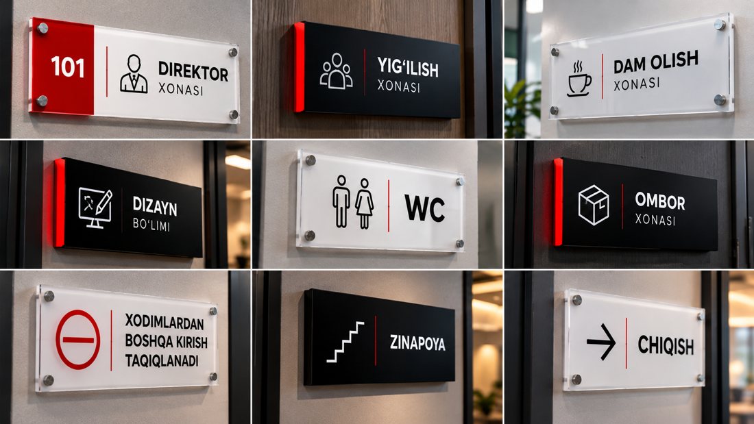 Tablichkalar: xona nomlari, WC, zinapoya va yo'nalish ko'rsatkichlari